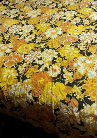 Vintage 1970s Yellow Floral Queen Size Bedspread Bed Spread Retro Flowers Rare