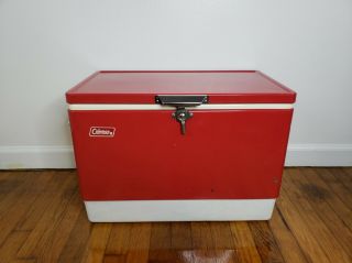 Vintage 1978 Red Metal Coleman Cooler Ice Chest With Locking Handle