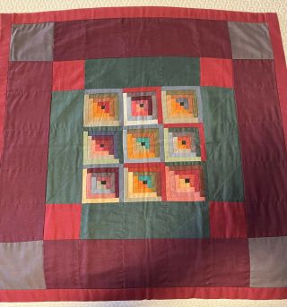 Amish Log Cabin Wall Hanging Or Table Topper Hand Quilted 28” X 28”