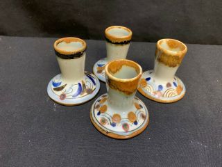 Ken Edwards " Mexican Pottery " Bird / Peacock Colors Set Of 4 Candle Holders