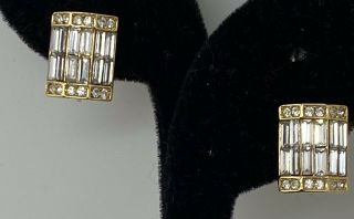Vintage Christian Dior Channel Set Rhinestone Crystal Clip On Gold Tone Earrings