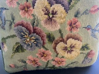 Vintage Needlepoint Pillow With Pansy Flowers & Petit Point Hummingbirds