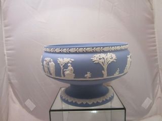 Vintage Wedgwood Blue Jasperware Footed Pedestal Bowl Centerpiece
