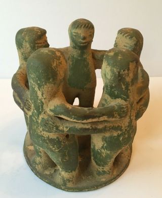 Mayan Aztec Terra Cotta Folk Art Pottery - Circle Of Friends 5 - Candle Holder 7 "