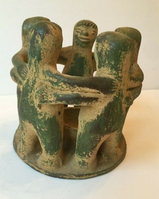 Mayan Aztec terra cotta folk art pottery - circle of friends 5 - candle holder 7 