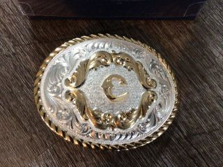 Vintage Montana Silversmiths Cowboy Western Belt Buckle Initial C Monogram NIOB 2