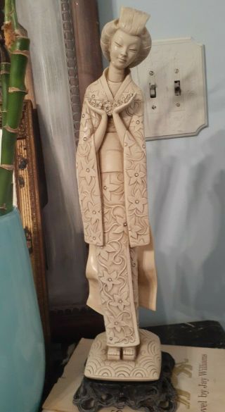 Signed Vintage Resin Ivory Look Asian Woman Geisha Statue Figure