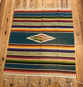 Vtg Saltillo Southwestern Mexican Serape Table Top Tapestry 37 X 39 5.  5 " Fringe