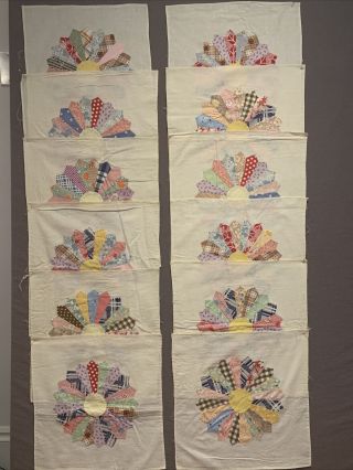 Set Of 12 Vintage Dresden Plate Hand Pieced Quilt Squares
