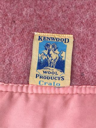 Vintage Kenwood Cralo Pink Wool Blanket With Pink Satin Trim 84x62