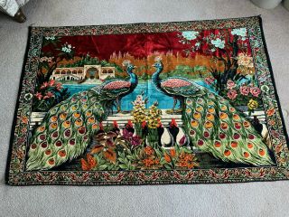 7x4 Foot Vintage Velvet Peacock Tapestry Lebanon Rug Wall Hanger Birds Huge