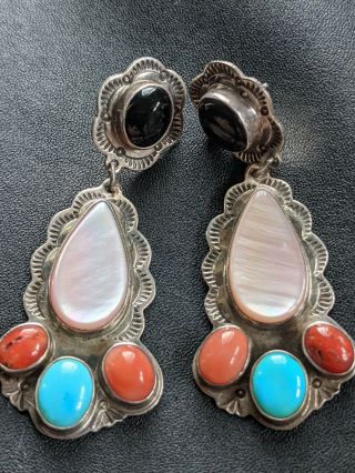 Vintage Navajo Sterling Turquoise Coral Multi Pawn Dangle Earrings