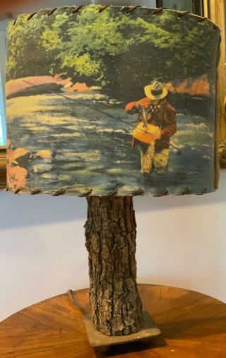 Vintage Table Lamp Log Cabin Fishing Lodge Tree Branch With Bark