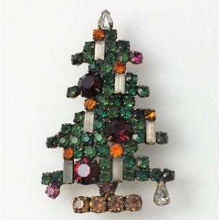 Vintage Weiss Rhinestone Christmas Tree Brooch Pin 6 Candle Signed Large
