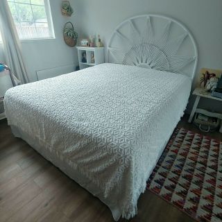 Vintage White Cotton Chenille Bedspread Blanket 100 " X 93 " Damage Flaw Project