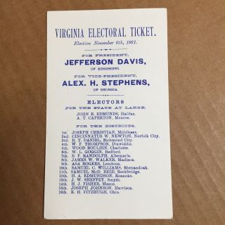 Reprint 1861 Virginia Confederate Electoral Ticket Jefferson Davis Stephens Card