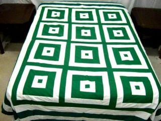 Vintage Handmade Green And White Squares Pattern Quilt Top