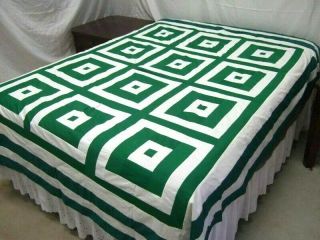 Vintage Handmade Green and White Squares Pattern Quilt Top 2