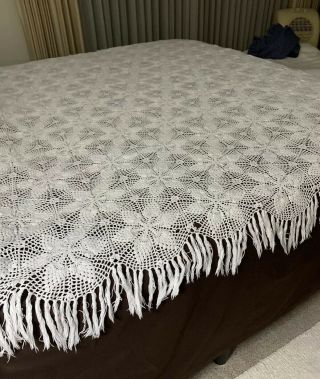 Vintage Cotton White King Size Bedspread/tablecloth 92 X 92 Hand Crocheted