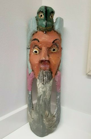 Magnificent Rare Large Wood Tribal Mask With Frog On Head