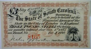 1860 S Confederate Civil War Era £3 Streling Silver State Of Sc Interest Note Nr