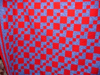 Q 13,  Vintage Quilt,  Machine Quilted,  Red Blue Patchwork 76 X 96 Inches