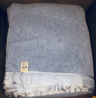 Vintage Kenwood Wool Products Ram Crest Blue Wool Satin Trim Blanket 72 X 89