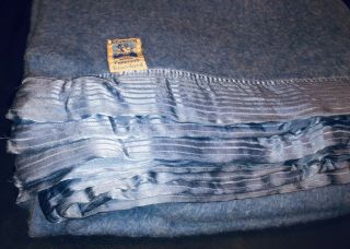Vintage Kenwood Wool Products Ram Crest Blue Wool Satin Trim Blanket 72 X 89 2