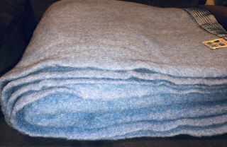 Vintage Kenwood Wool Products Ram Crest Blue Wool Satin Trim Blanket 72 X 89 3