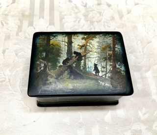 Vtg Fedoskino Russian Lacquer Box " Morning In A Pine Forest " Mother Bear & Cubs