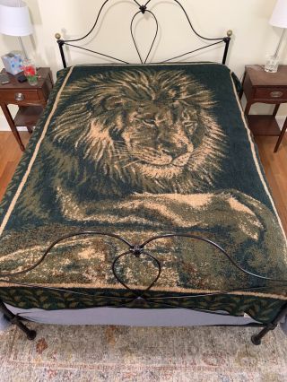 Vintage San Marcos Lion Blanket Reversible Green Tan 220 Cm X 180 Cm