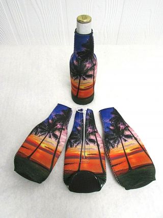 Tropical Sunset Beer Bottle Cooler Holder Long Neck Insulator Palm Trees G10