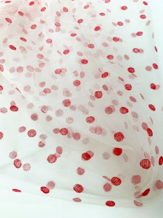 Vintage Sheer Flocked Dot Fabric Red Two Curtain Panels Bow Dress Making Holiday