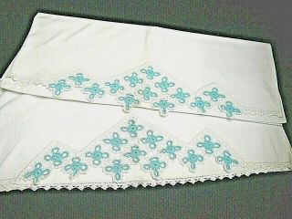 Set Of 2 - Vintage White Pillowcases W Crochet Edge Teal Blue White 21 " X 34 "