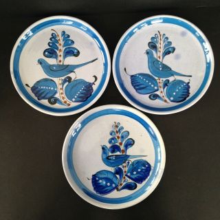 Set Of 3 Vintage Mexican Tonala Hand Painted Blue Bird Plates Folk Art