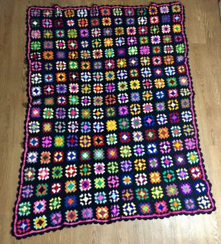 Vtg Granny Square Black Afghan Crochet Throw Blanket Roseanne 82 X 55” Handmade