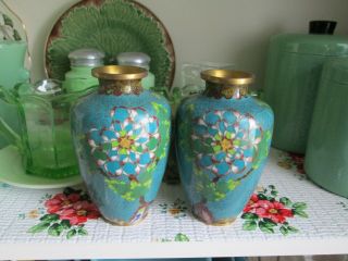 Vintage Pair Chinese Cloisonne Vases 5 1/4 Inch - Turquoise With Flowers