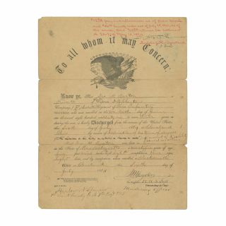 1864 Civil War Discharge Document For Private Ira M.  Barton,  7th Ohio Infantry