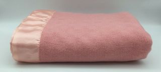 Vintage Pink Wool Twin Blanket Satin Trim Lightweight Warm