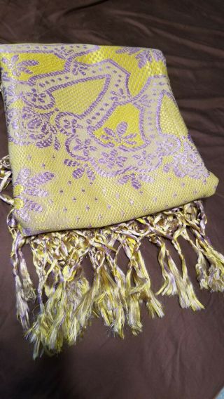 Vtg Gold Purple Floral Bedspread W/hand Tied Fringe Made In Italy 85 X 72