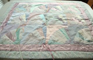 Vintage 80s 90s Pastel Handmade Fan Quilt Satin Hand Tied 51 X 40 Wall Lap
