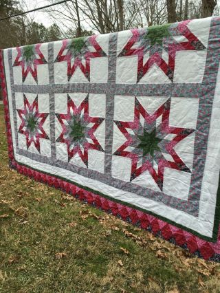 Vintage Stars Green Red Plaid Country Patchwork Quilt Full Size Quilt 79” X 80”