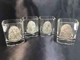 Fort Set Of 4 Double Old Fashioned Glasses W/ Pewter Golf Medallions