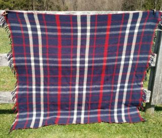 Vintage 100 Wool Red,  White & Blue Fringed Blanket 64 " X 56 " W/3 " Fringe