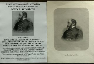Civil War Navy Uss Kearsarge Commander Admiral Winslow Signature Steel Engraving