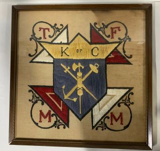 Vtg Knights Of Columbus K Of C Needlepoint Cross Stitch Wall Hanging Art (d)