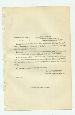 1864 Civil War General Order 23 Employment Of Blacks In U S Hospitals