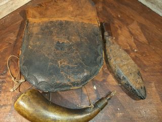 Us Civil War Powder Horn Kit Leather Pouch Shot Bag With Shots And Powder Horn.