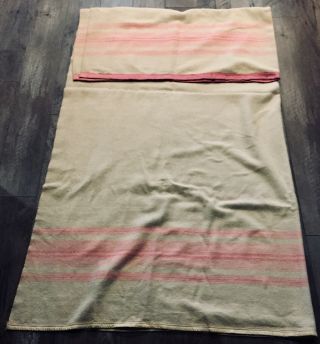 Vintage Cream And Pink Stripe Wool Blanket 72x 80 Long,  Cabin,  Cottage