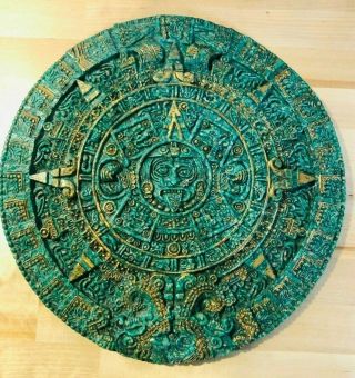 Vintage,  Mayan Aztec Sun Calendar,  Green & Gold Stone,  12 Inches,  Wall Mount